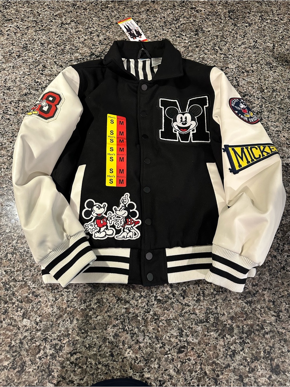 Black & White Mickey Mouse Varsity Jacket with Patches